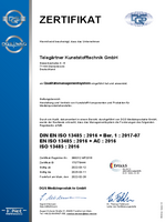 Certificate ISO 13485:2016 (Telegärtner Kunststofftechnik GmbH)